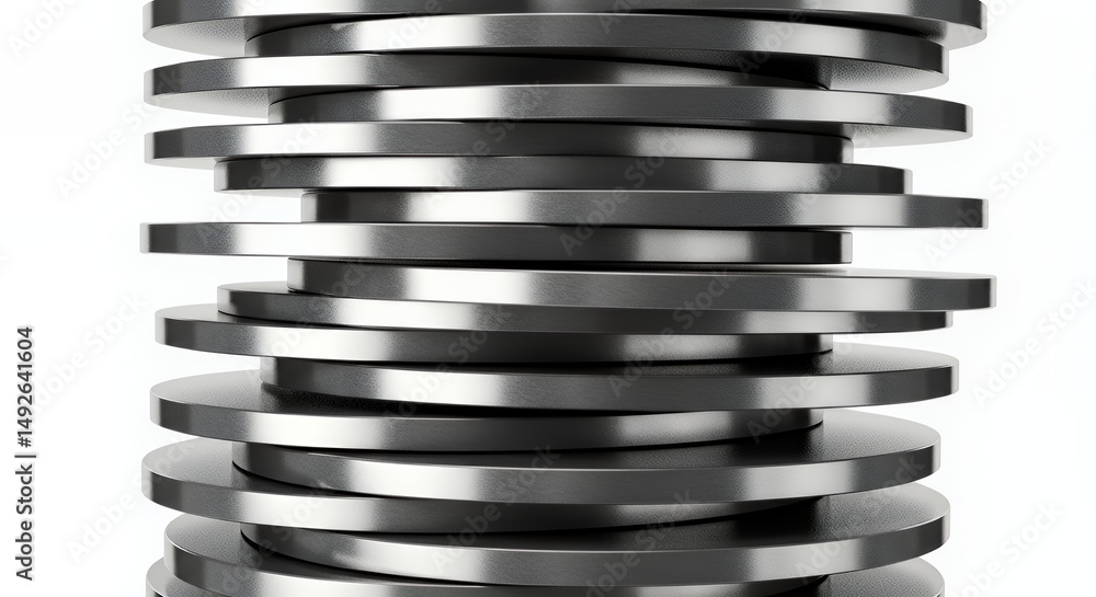 Poster stack of smooth silver discs tilted slightly with subtle light isolated on white background