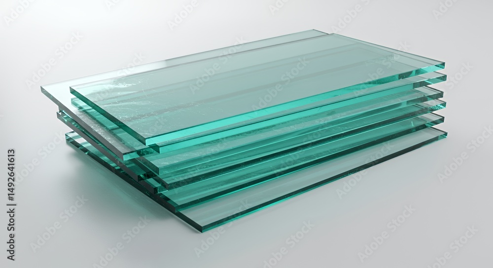 Poster stack of rectangular aquatinted glass panes arranged in staggered formation on a white surface with 