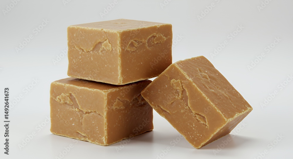 Poster stack of three rough cut fudge cubes on white seamless background with macro lens and soft lighting