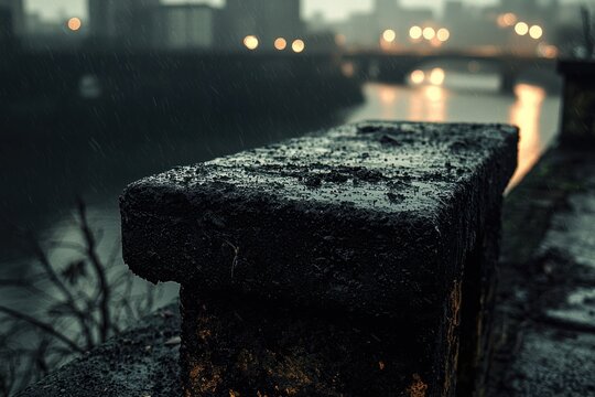 Wet stone wall, rain, city view