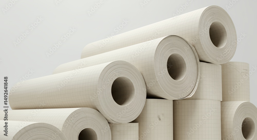 Poster stacked cylindrical paper rolls in ivory and cream gradient with grid lines isolated on white backgr