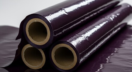 Fototapeta premium Stacked Glossy Dark Purple Plastic Wrapping Rolls with Cardboard Cores on White Background for Industrial Packaging and Design