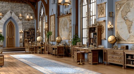 Fototapeta premium Elegant Retro Steampunk Room with Antique Maps and Decorative Globes