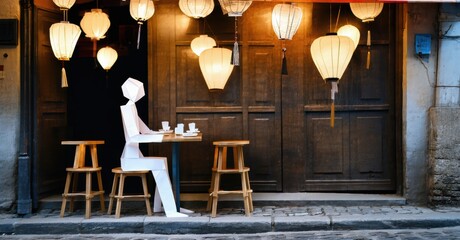 Geometric figure sits at table outside shop. Lanterns illuminate scene, creating warm ambiance. Stone pavement visible. Quiet moment.