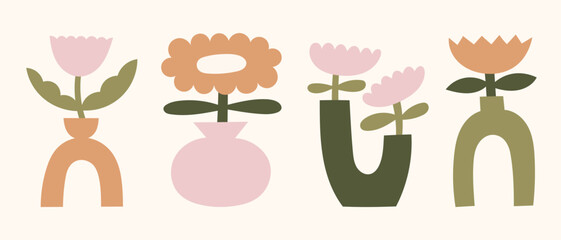 Vintage flower in boho vases vector illustrations set. Neutral colors minimalist florals clipart