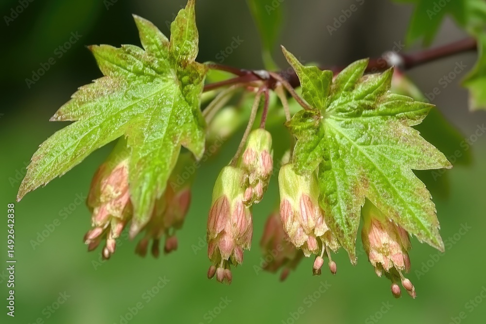 Aufkleber close-up view of green grapevine leaves with developing pink grape clusters. set against a blurred v