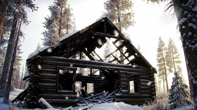 Abandoned log cabin in snowy forest with broken roof and trees surrounding, evoking solitude