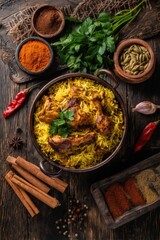 Overhead shot of chicken biryani with spices and herbs on a rustic wooden table for a delicious meal experience