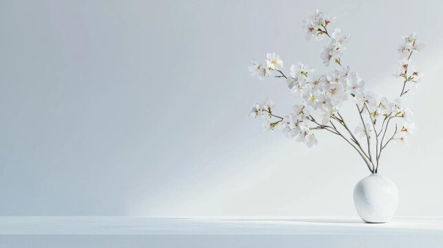 White vase with a bunch of white flowers in it. the vase is placed on a plain white surface with a light blue background. the flowers are in full bloom and appear to be cherry blossom branches.