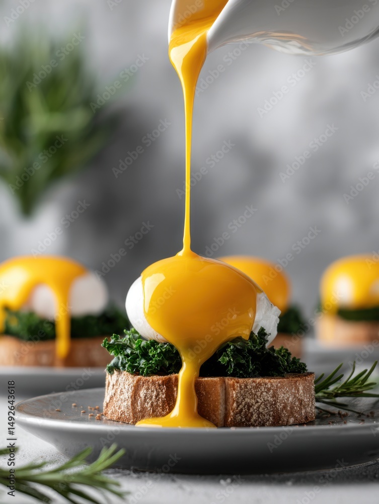 Poster Eggs Benedict on Toast with Kale Being Drizzled with Hollandaise Sauce from Above in Studio Setting