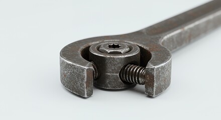 Tarnished Steel Three Jaw Puller with Threaded Screw on White Background Macro Shot