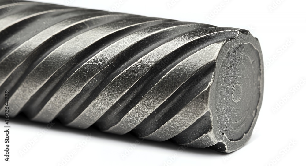 Poster textured grey metallic bar with spiral grooves isolated on white background captured in macro view