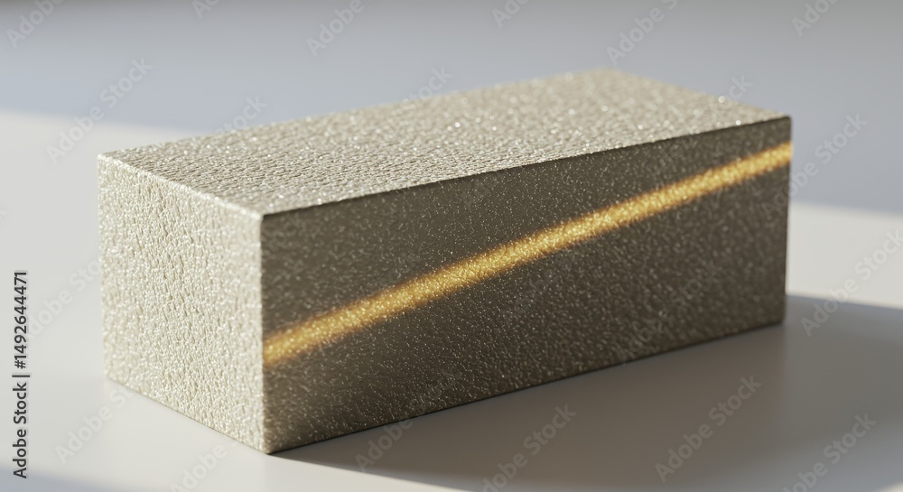 Poster textured silver rectangular prism with strong diagonal yellow light on white surface using macro len