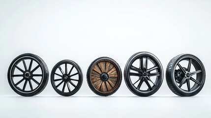 Fototapeta premium A collection of various dark black wheels against a light background.