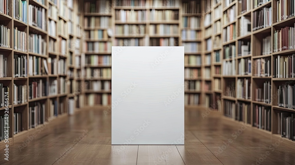 Poster a serene library scene featuring a blank white canvas on a wooden table surrounded by neatly arrange