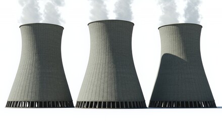 Three Concrete Cooling Towers with Ribbed Texture and Vapor Emission Isolated on White