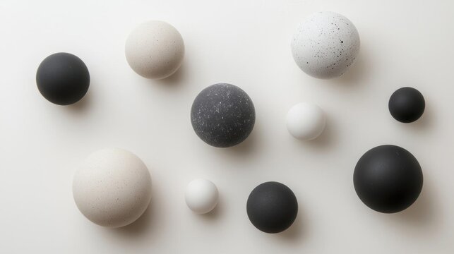 Group of nine spherical objects arranged in a scattered manner on a white background. there are nine objects in total, all of which appear to be made of a smooth, shiny material.
