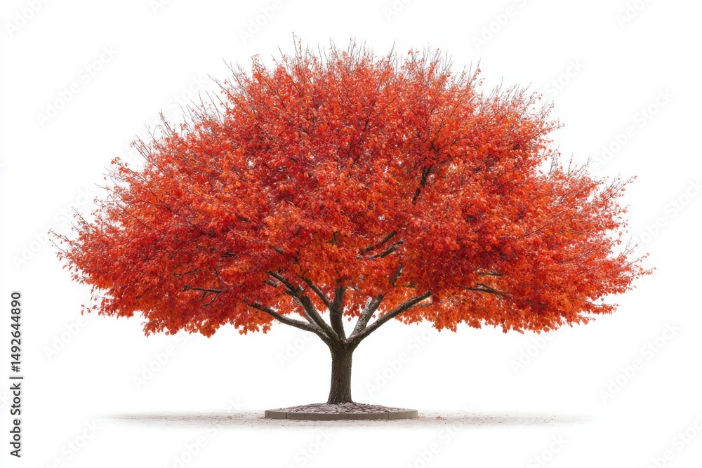 Poster isolated red maple tree in full autumn color against white background studio shot eye level view