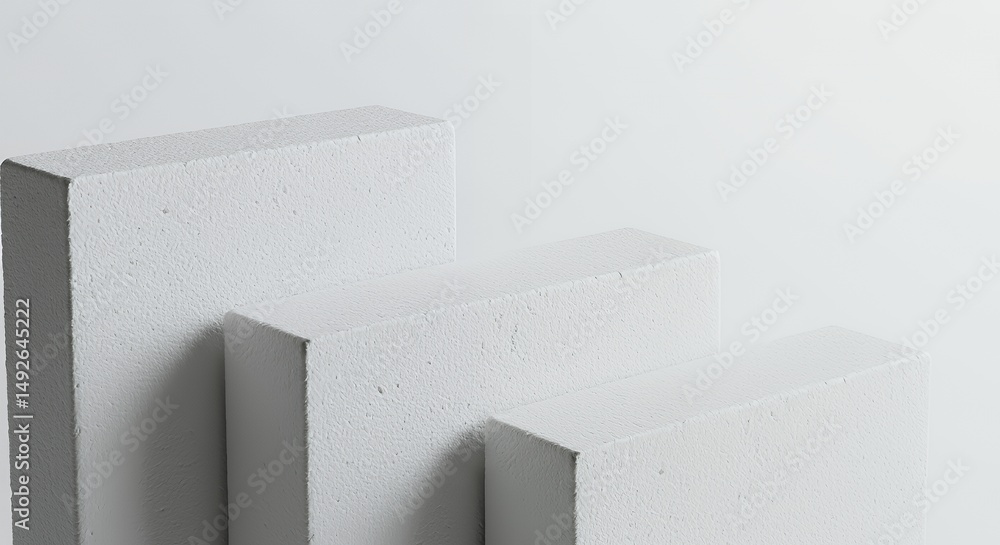 Poster three white rectangular blocks in diagonal arrangement on white background with clean minimalist des