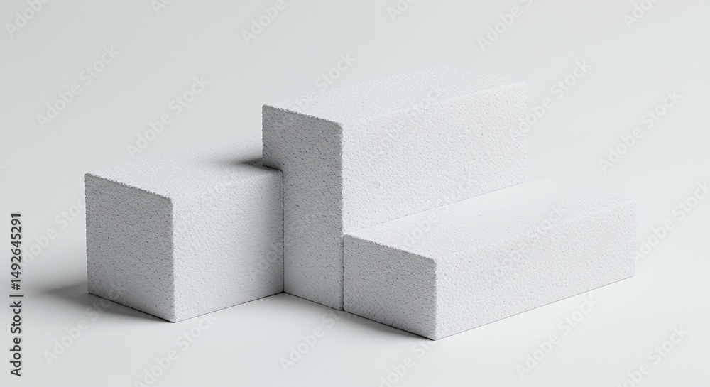 Poster three white rectangular blocks arranged diagonally creating depth on a clean white background in a m