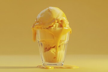 Melted ice cream scoop in a glass cup against a yellow background.