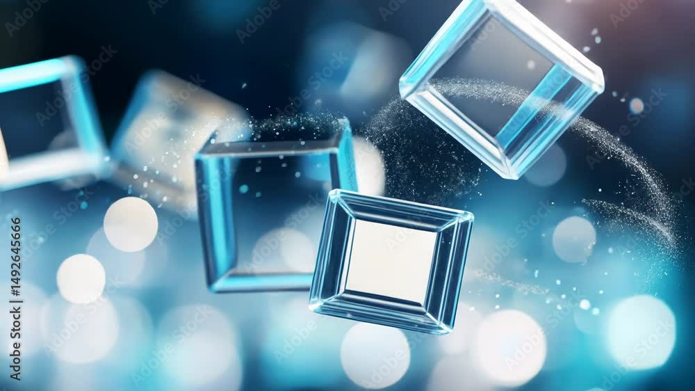Poster futuristic floating transparent cubes with digital blue bokeh background.