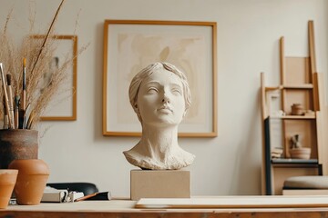 A detailed view of a sculptor's studio featuring a bust of a woman on a pedestal. surrounded by art supplies and wooden panels. showcasing the creative process in a serene environment