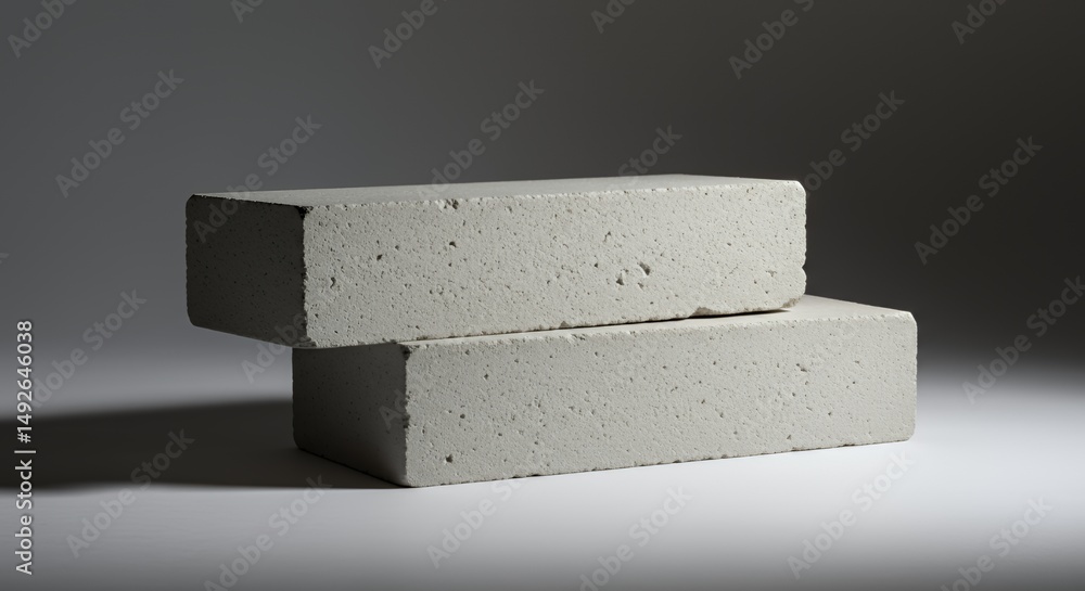 Poster two light gray rough rectangular blocks stacked on isolated white background with soft lighting