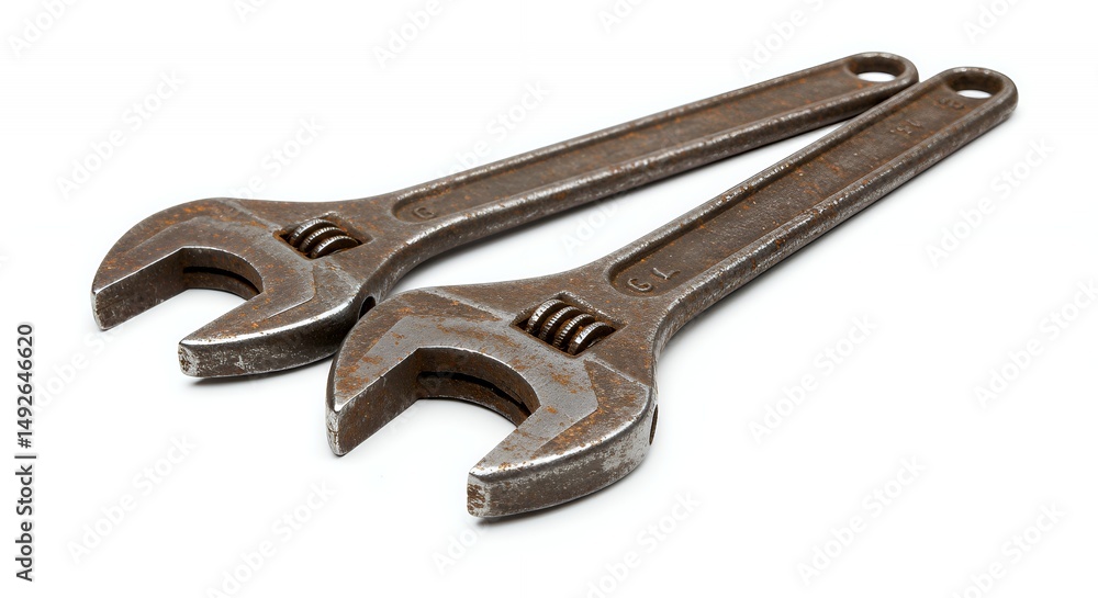 Poster two weathered rusted adjustable wrenches parallel on white background macro lens details