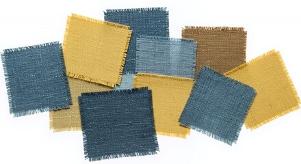 Fototapeta premium Variety of Square Fabric Patches Textures in Blue Yellow and Brown Isolated on White