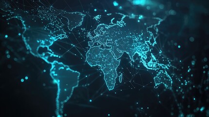 A high-tech digital representation of the world map. showcasing interconnected networks and data flow. ideal for illustrating global connectivity and technology themes