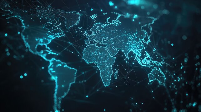 A high-tech digital representation of the world map. showcasing interconnected networks and data flow. ideal for illustrating global connectivity and technology themes