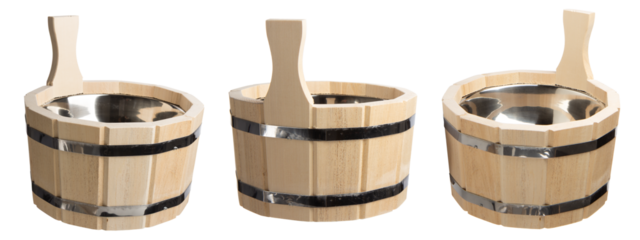 Wooden sauna ladle with metal insert from different angles on white background, cut out