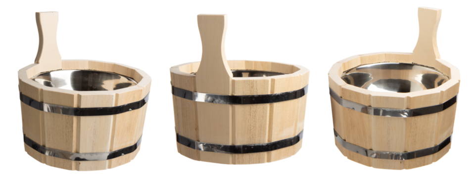 Wooden sauna ladle with metal insert from different angles on white background, cut out