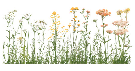 Front view Achillea terracotta and Actaea simplex with tree isolated, floral herbs, wild plant collection, garden greenery, botanical vector illustration, nature background. © aura studio