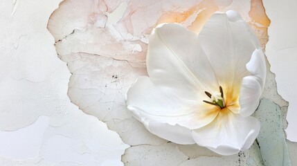 Close-up of a single white tulip flower on a white background. the tulip is in full bloom, with its petals spread out in a fan-like shape.