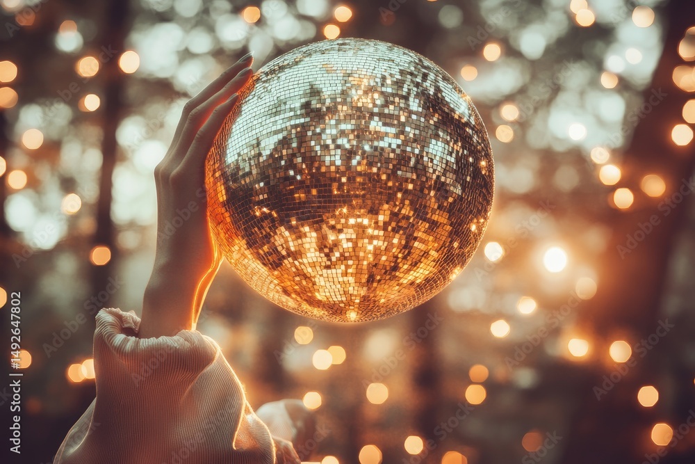 Poster a stylish individual holding a reflective disco ball in front of their face. set against a vibrant b