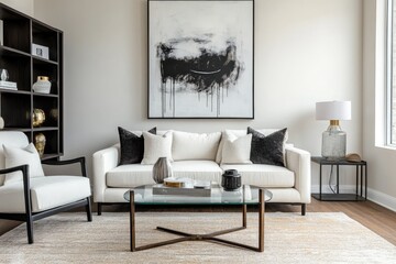 A modern. minimalist living room featuring a white sofa. glass coffee table. and abstract art on the wall. with natural light filtering through sheer curtains