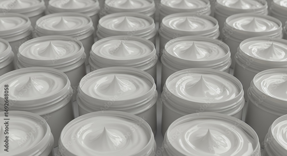 Poster white cream in round open containers arranged in grid isolated on white background