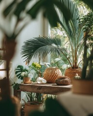 Fototapeta premium Indoor Garden Still Life with Palm Trees and Woven Baskets on Wooden Table in Bright Sunlight Natural Light