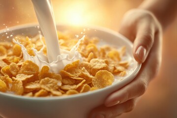 A splash of milk over golden corn flakes in a cozy kitchen scene