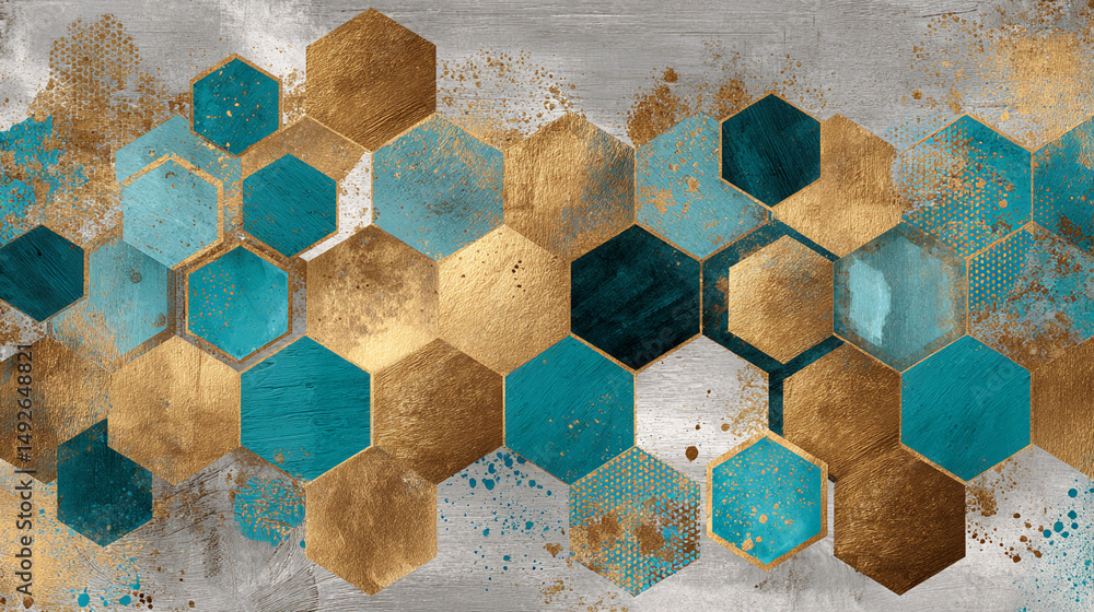Poster Abstract geometric pattern of teal and gold hexagons on a textured gray background, showcasing a blend of modern and luxurious design elements ideal for various applications