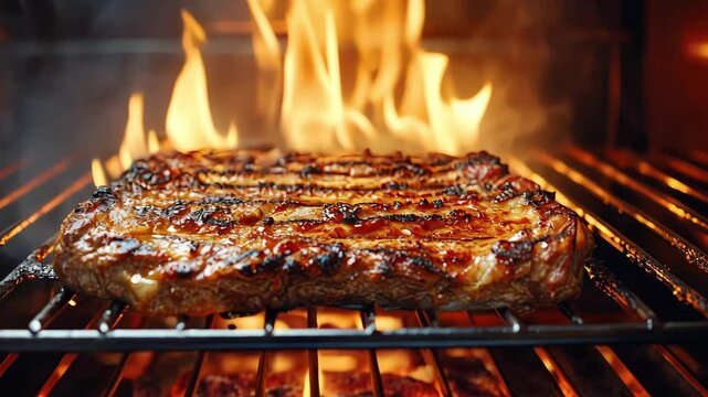 grilled steak cooking on the grill with flames over open fire barbeque close up