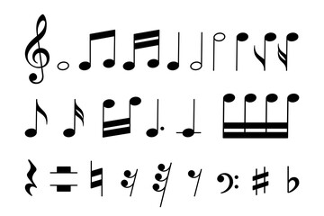 Vector set of various music notes and symbols. Ideal for music education, poster design, sheet music, and learning materials