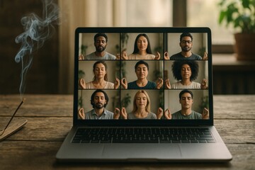 Online meditation session featuring diverse individuals practicing mindfulness together in a virtual environment