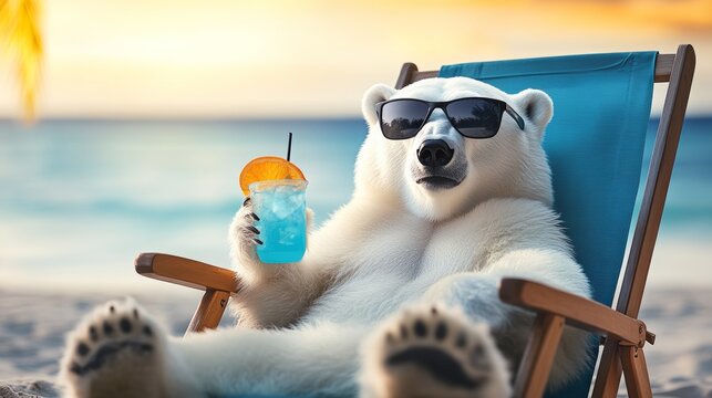 Polar bear is sitting in a chair on a beach with a drink in its paw. The drink is a blue soda with a straw in it. The bear is wearing sunglasses and he is enjoying a relaxing day at the beach