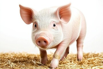 Charming Young Piglet Standing on Straw with Bright Eyes and Cute Features, Capturing the Essence of Farm Life and Animal Innocence in a Warm Setting