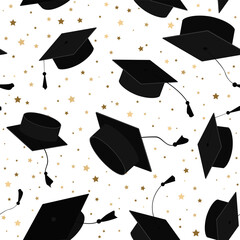 Festive seamless pattern with stars and graduate hats in the air. Flying graduation caps background for graduation announcements, invitations, celebration design. Vector illustration.