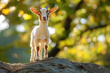 Charming Young Goat Standing on a Rock With a Playful Expression Against a Softly Blurred Natural Background in the Early Evening Light