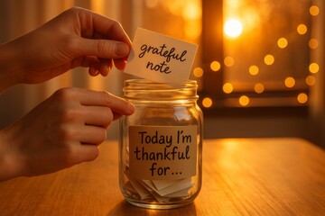 Gratitude jar filled with notes during sunset in a cozy living room setting
